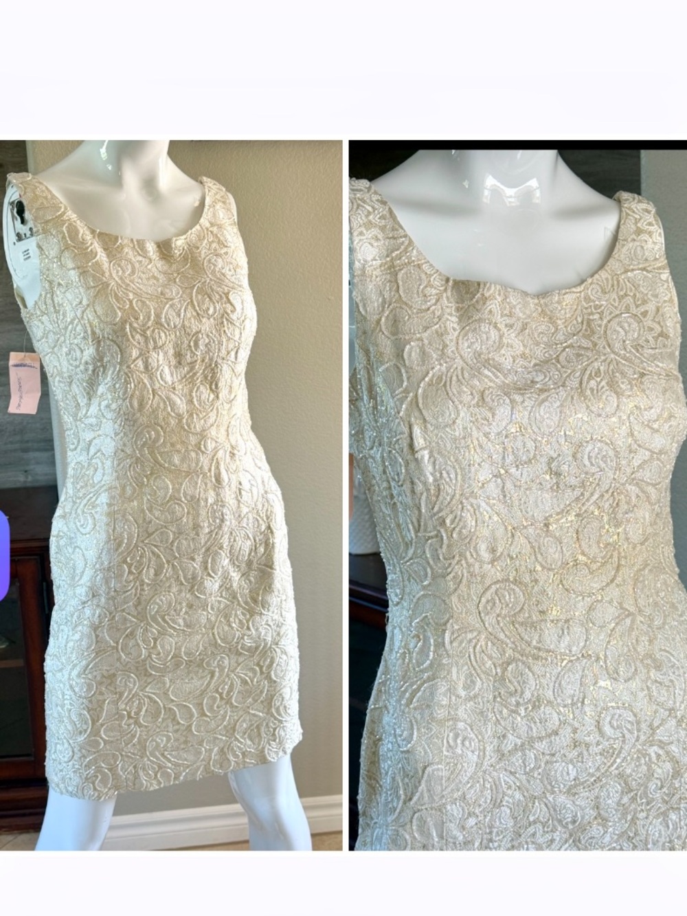 Vintage Carmen Marc Valvo 90’s Gold Metallic Embellished Jacquard Mini D…